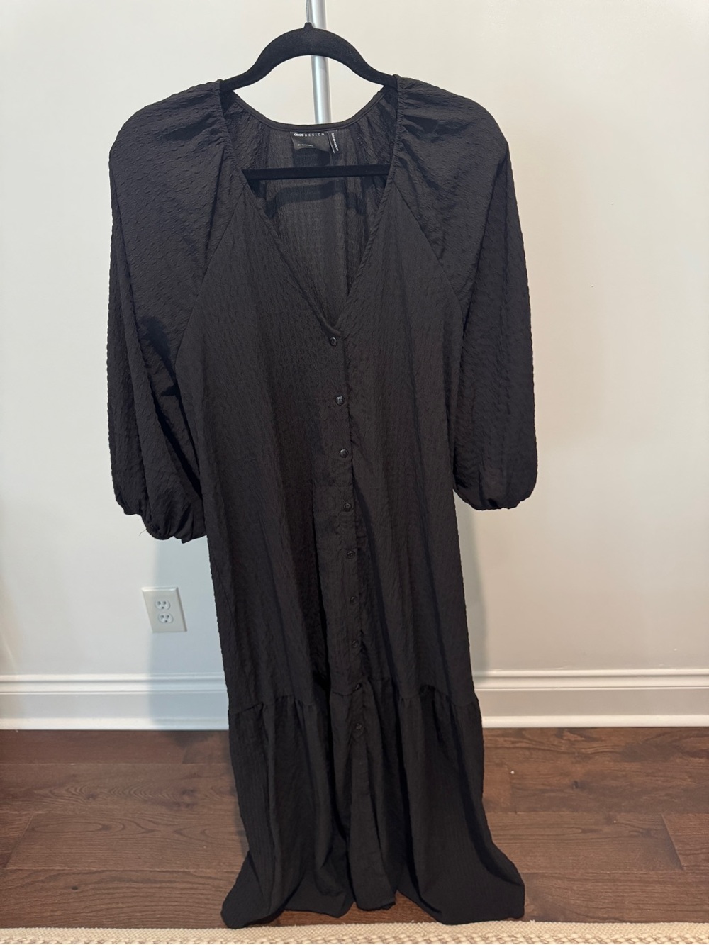 ASOS Black Button-Front Maxi Dress with Puff Sleeves